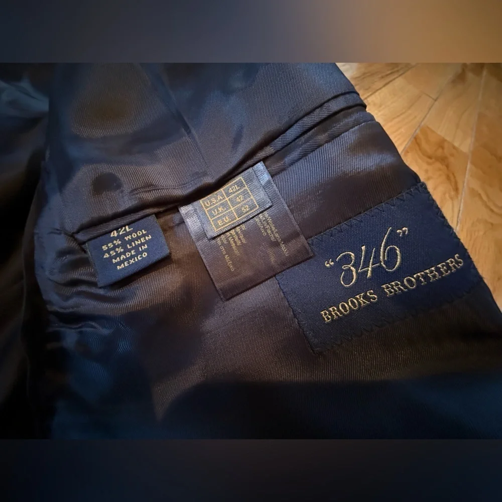 Brooks Brothers Blazer Mens 42L Blue/Black Linen/Wool Window Pane Jacket Sports